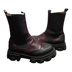 Ganni Chelsea Burgundy and Black Chunky Sole Boots Sz 41